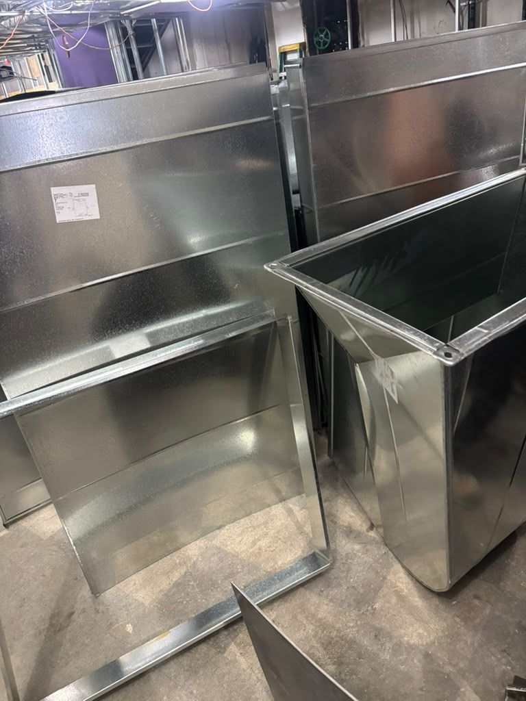 Fabricated galvanized rectangular duct and transitions on the E&S shop floor